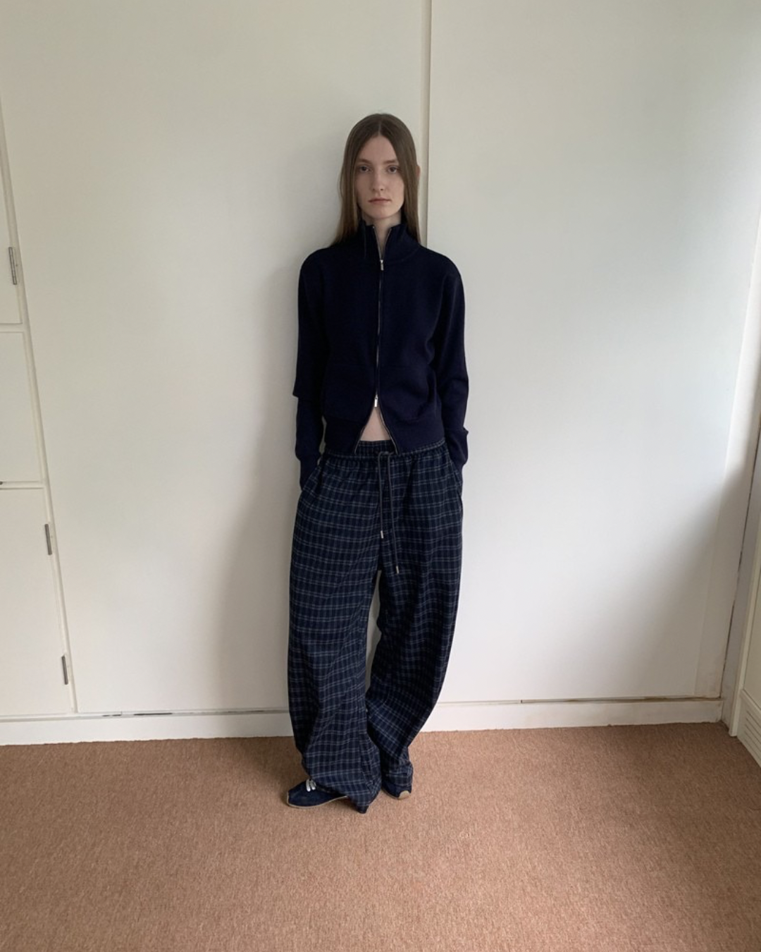 Checked Drawstring Wide-Leg Pants
