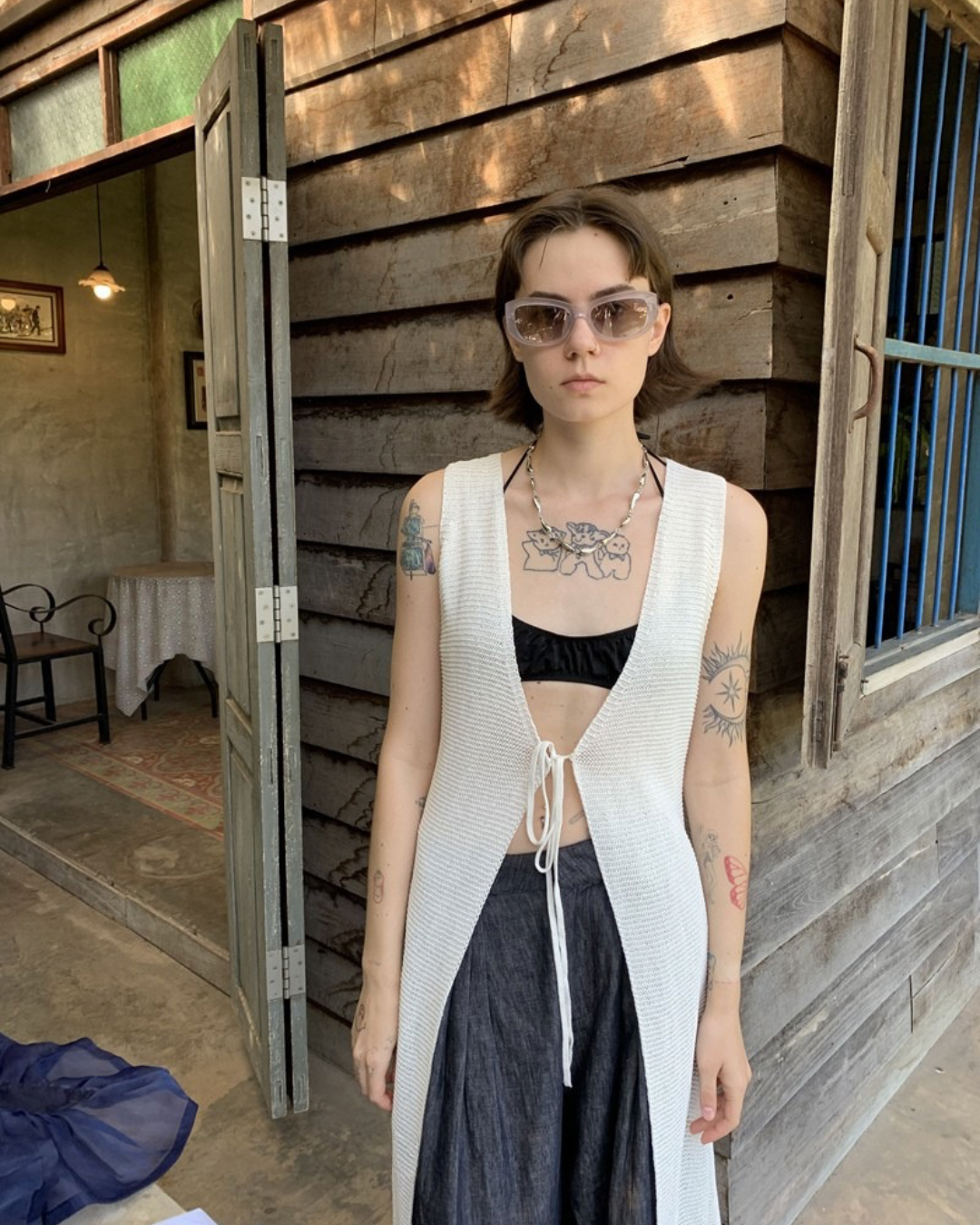 Lace-Up Sleeve Knit Vest Cardigan