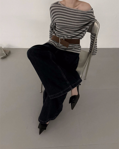 Belted Off-Shoulder Lamb Wool Sweater