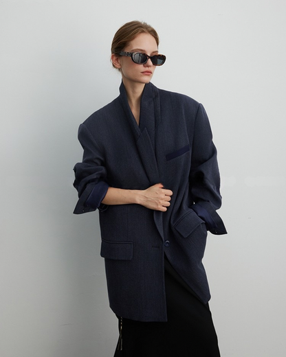 Navy Blue Blazer with Leather Elbow Patches