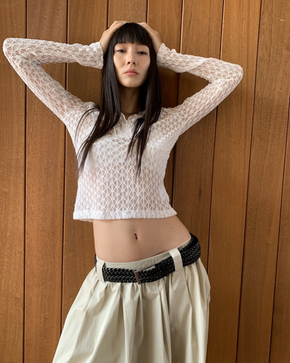 Sheer V-Neck Long Sleeve Top