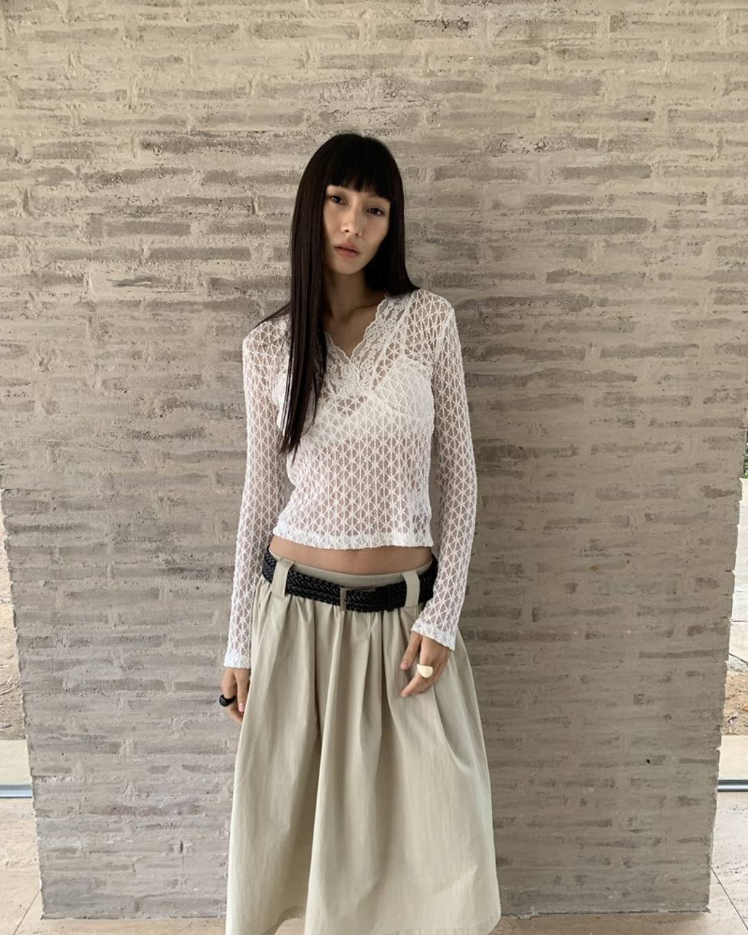 Sheer V-Neck Long Sleeve Top