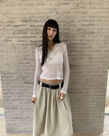 Sheer V-Neck Long Sleeve Top