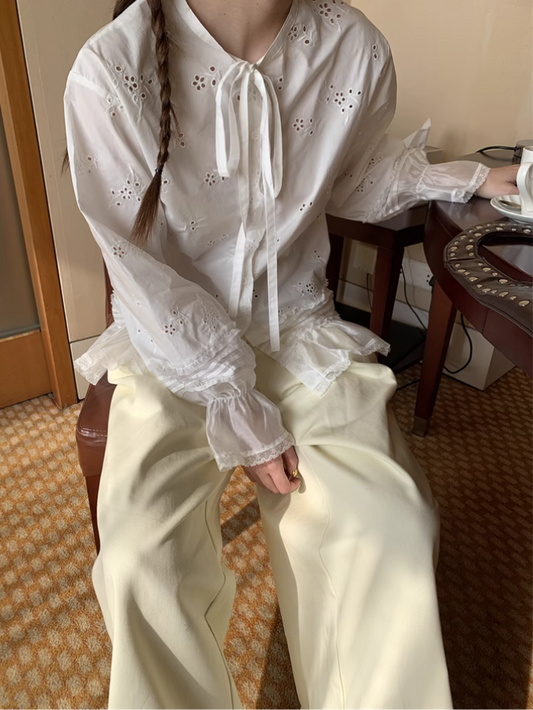 tie-neck ruffle blouse