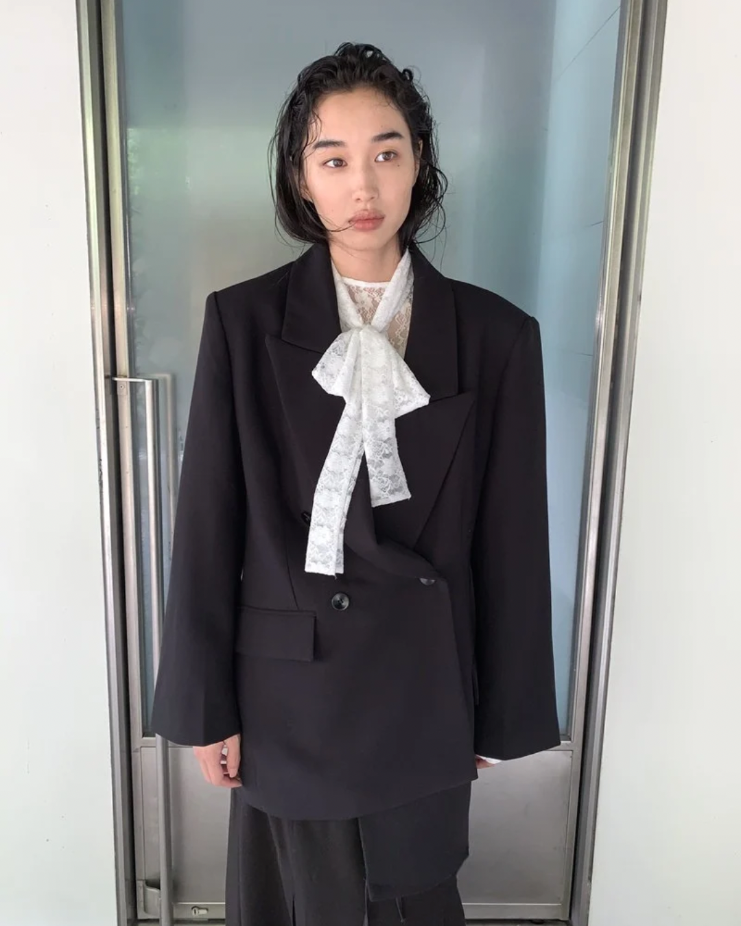 Double-Breasted Blazer and Strapless Skirt