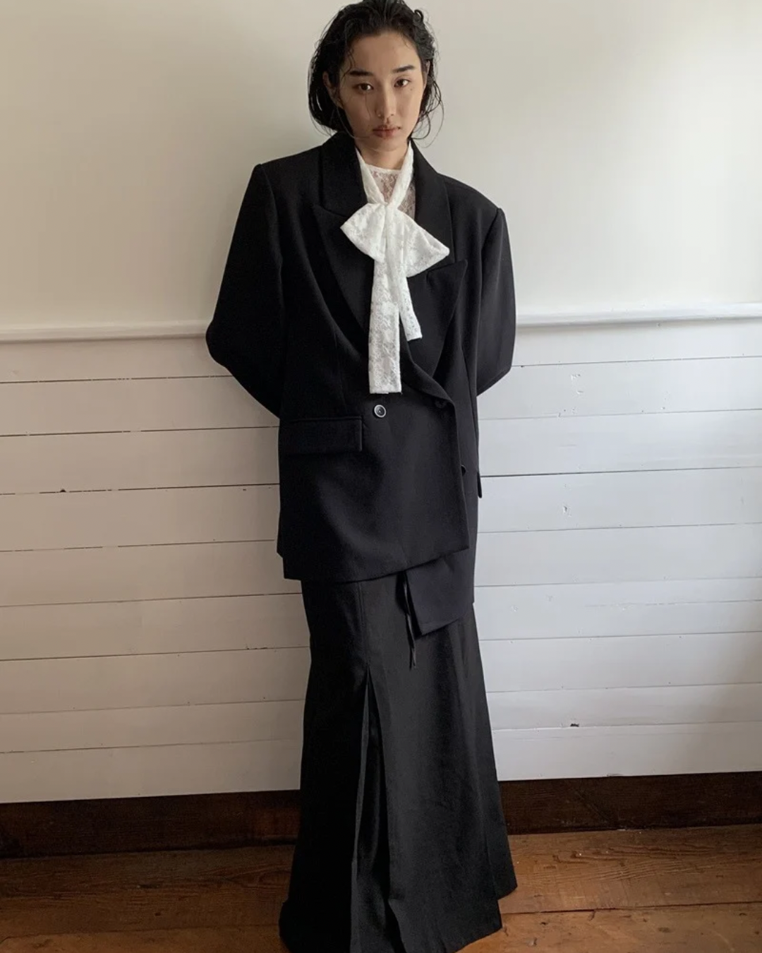 Double-Breasted Blazer and Strapless Skirt