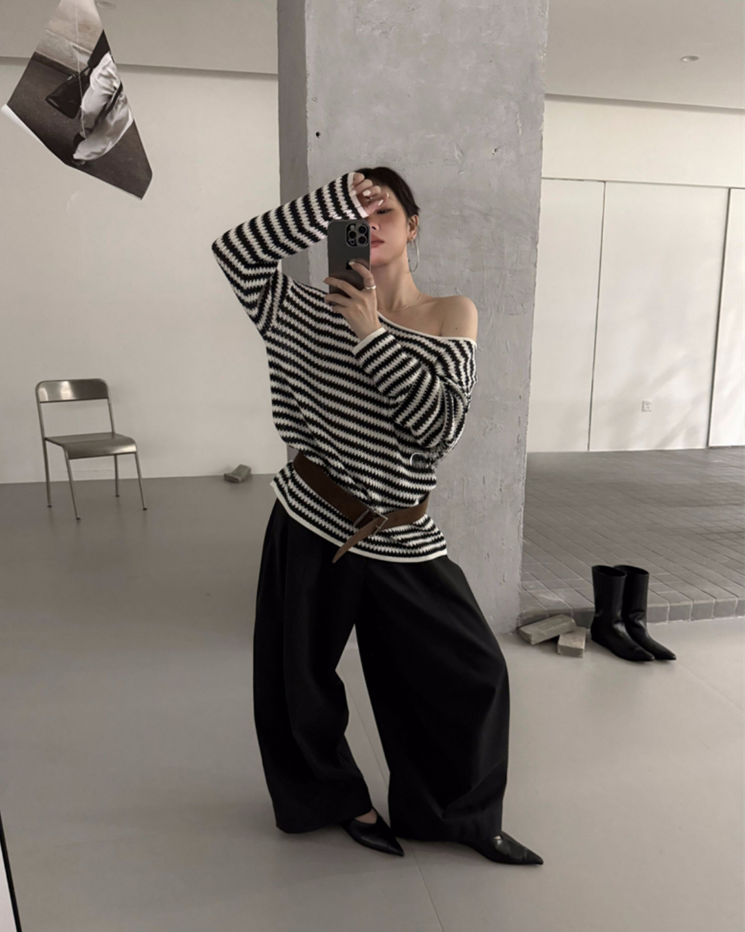 Belted Off-Shoulder Lamb Wool Sweater