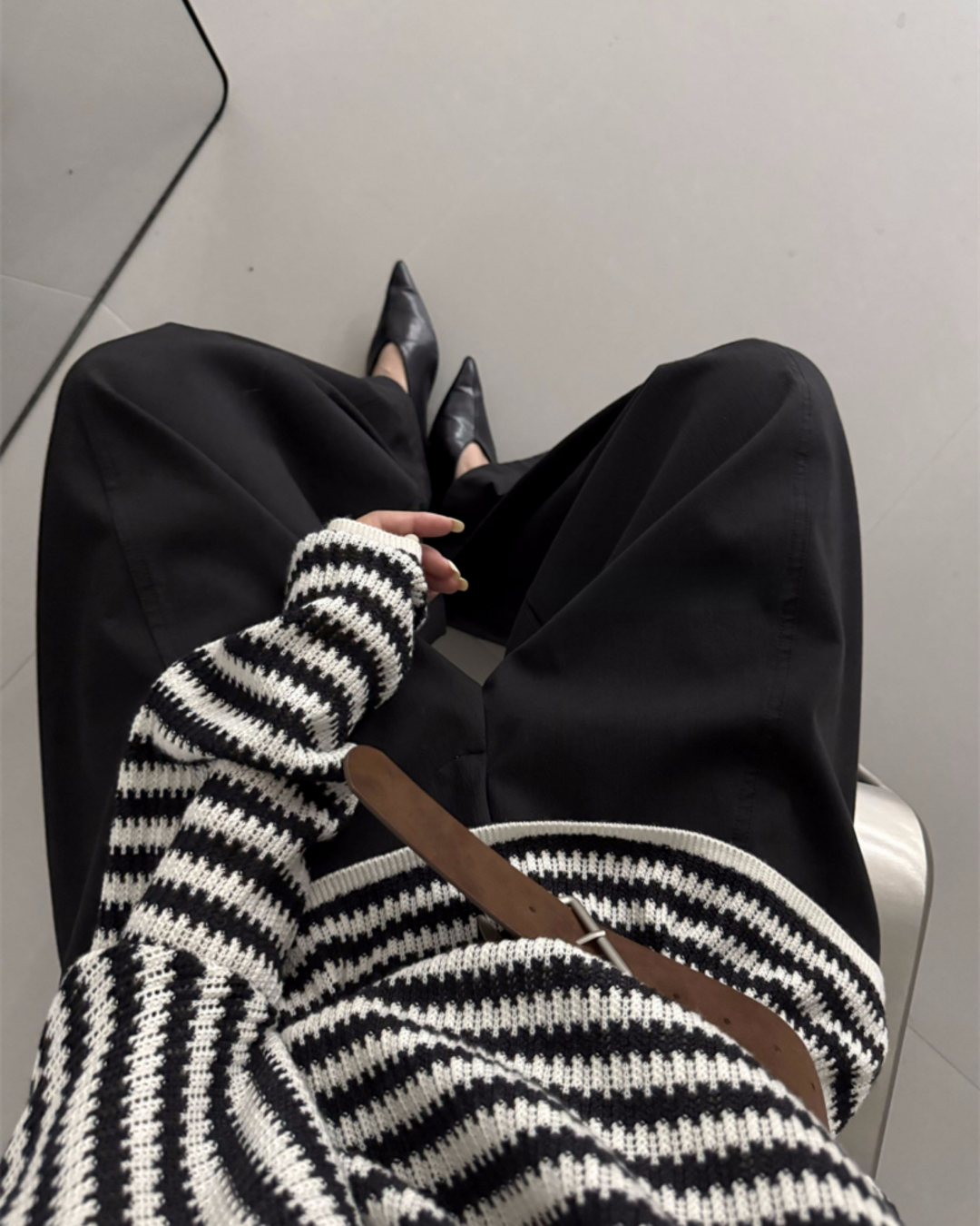 Belted Off-Shoulder Lamb Wool Sweater