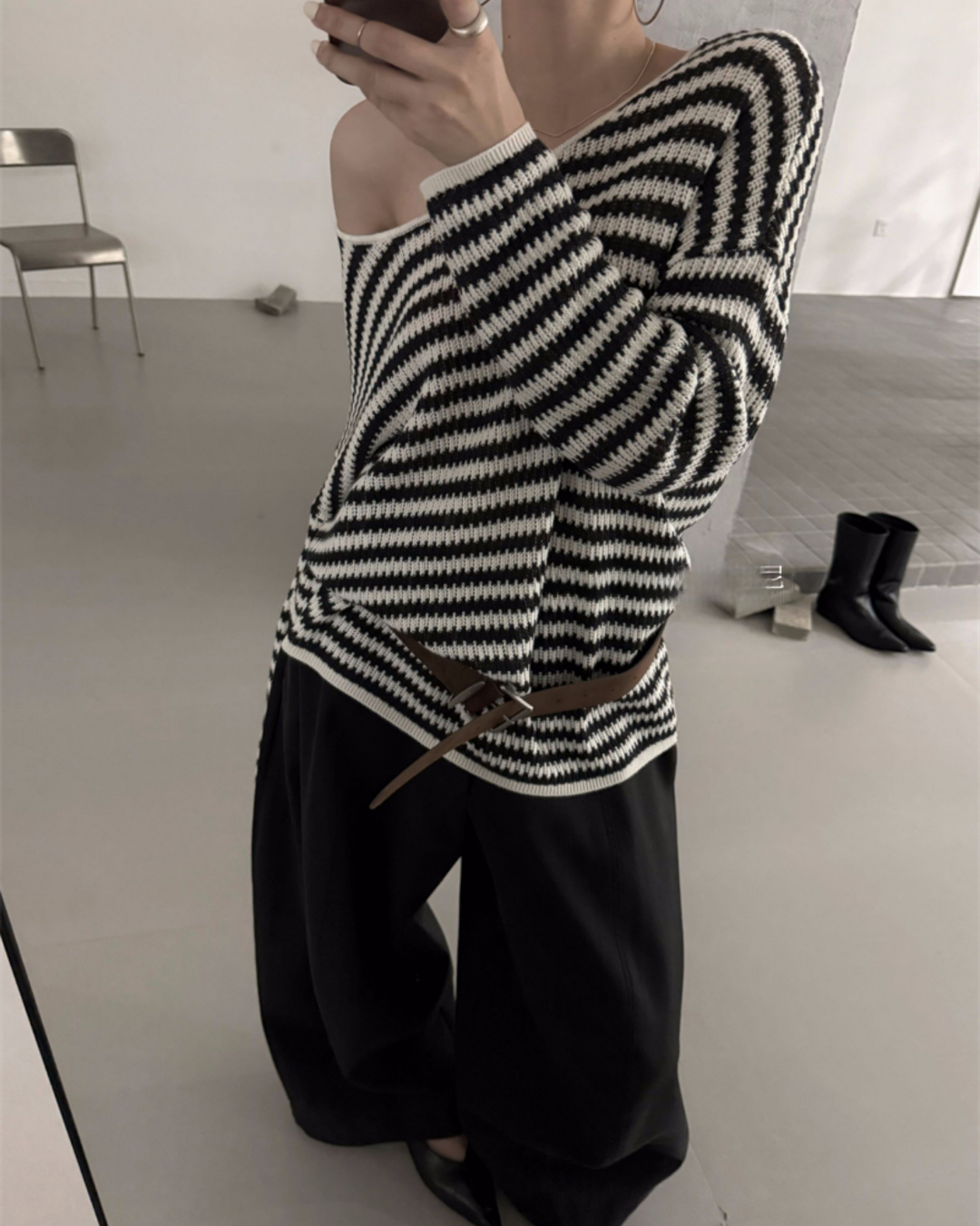 Belted Off-Shoulder Lamb Wool Sweater