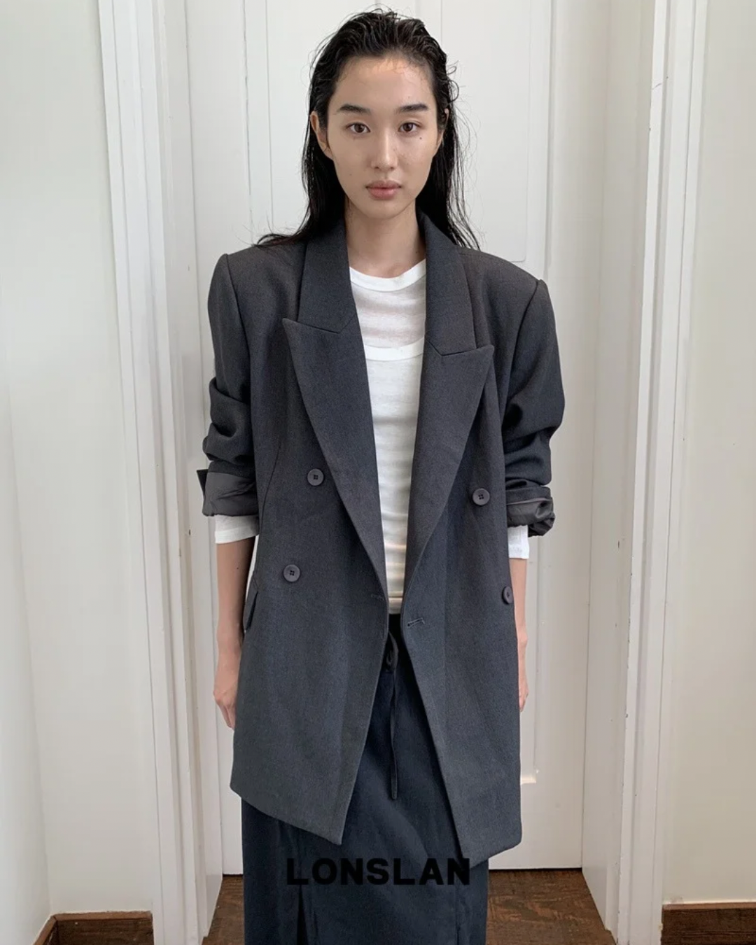 Double-Breasted Blazer and Strapless Skirt