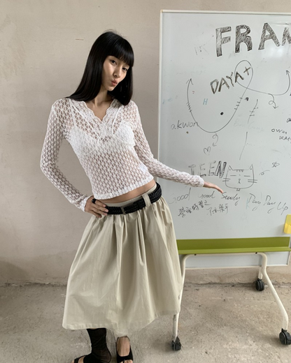 Sheer V-Neck Long Sleeve Top