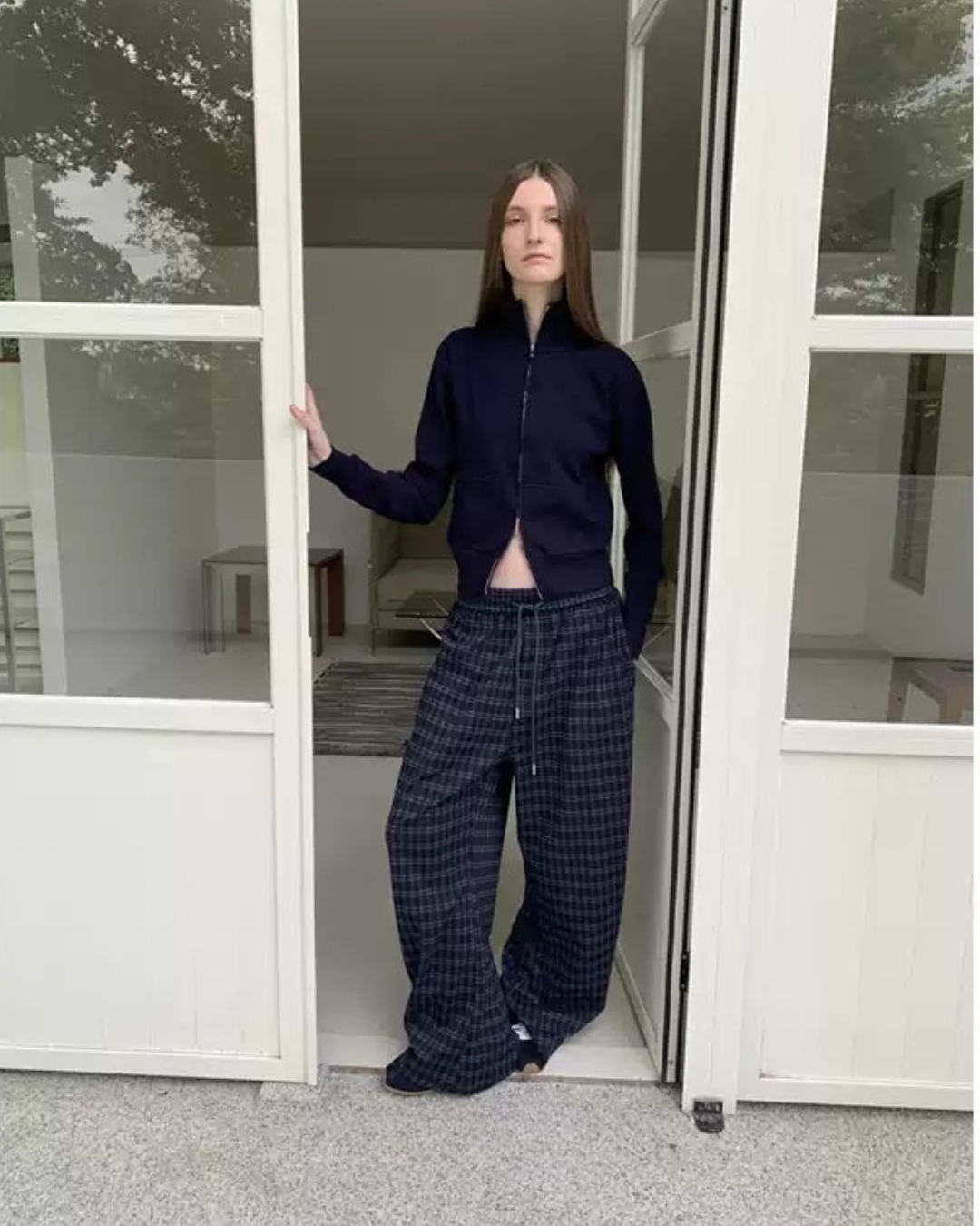 Checked Drawstring Wide-Leg Pants