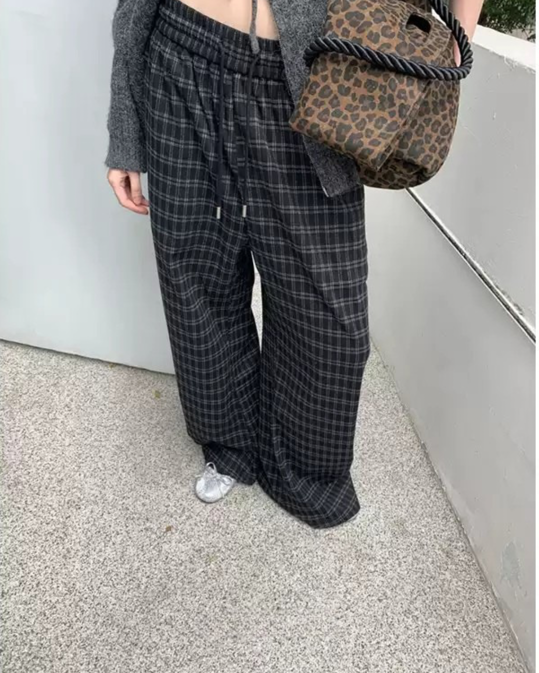 Checked Drawstring Wide-Leg Pants