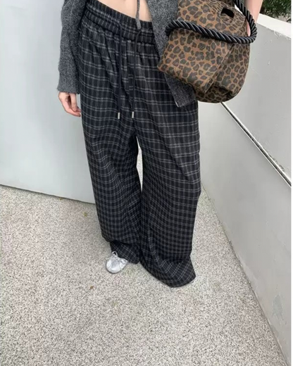 Checked Drawstring Wide-Leg Pants