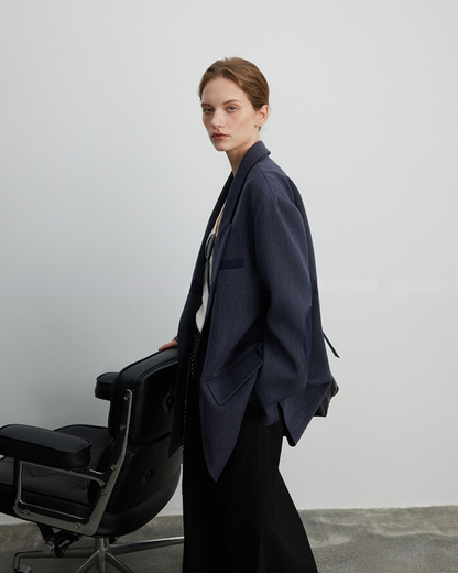 Navy Blue Blazer with Leather Elbow Patches