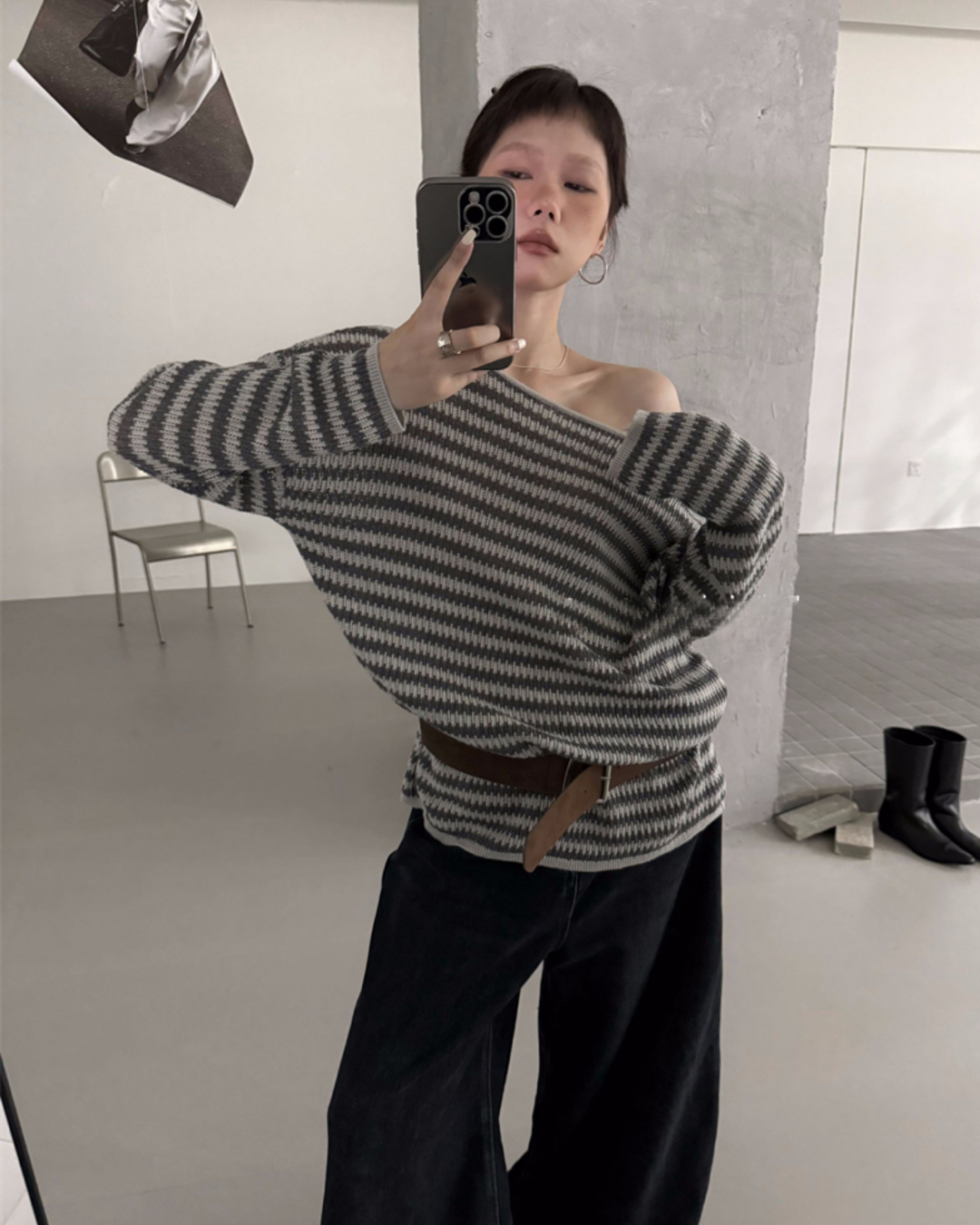 Belted Off-Shoulder Lamb Wool Sweater