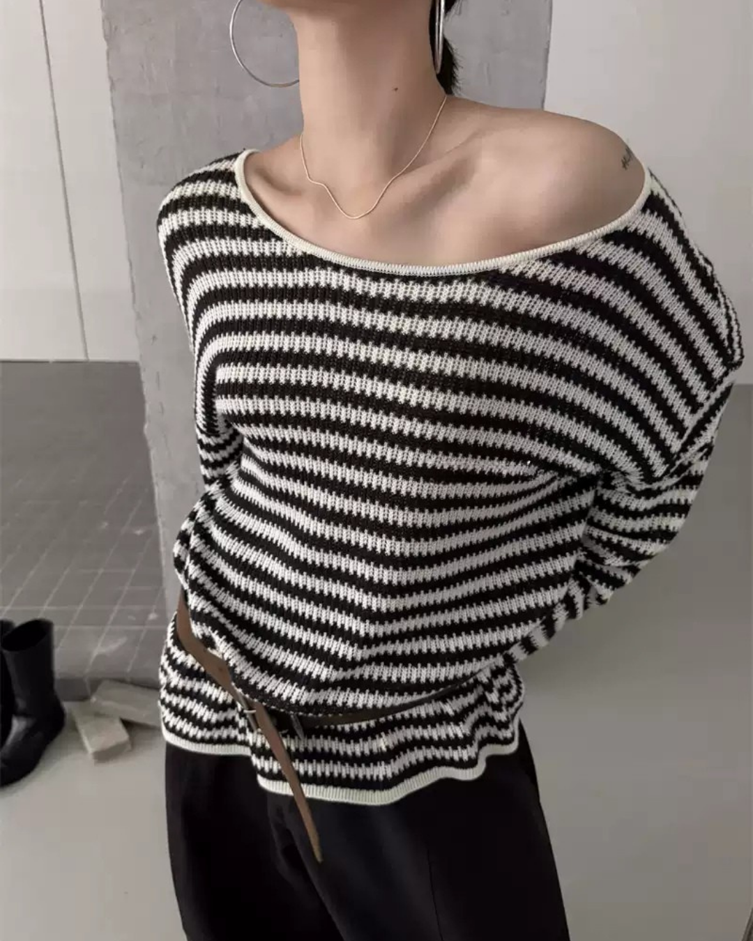 Belted Off-Shoulder Lamb Wool Sweater