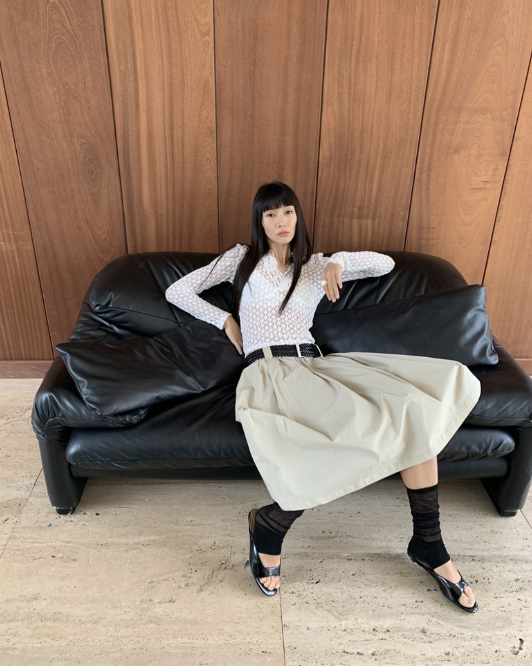 Sheer V-Neck Long Sleeve Top