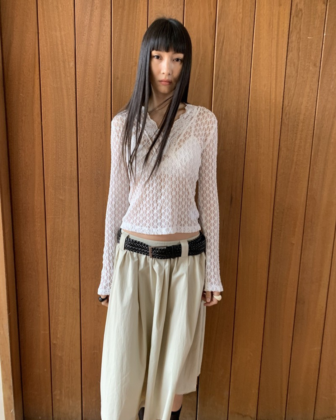 Sheer V-Neck Long Sleeve Top