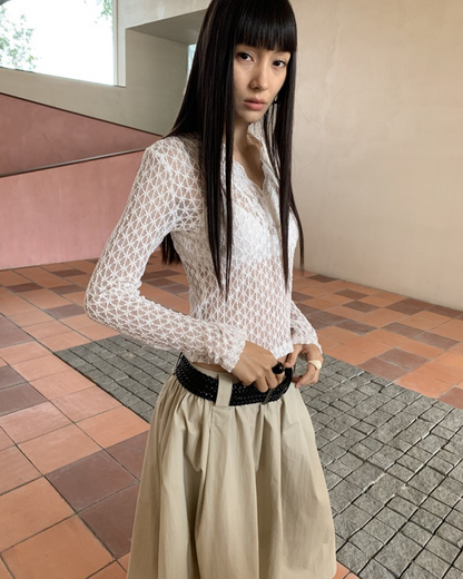 Sheer V-Neck Long Sleeve Top