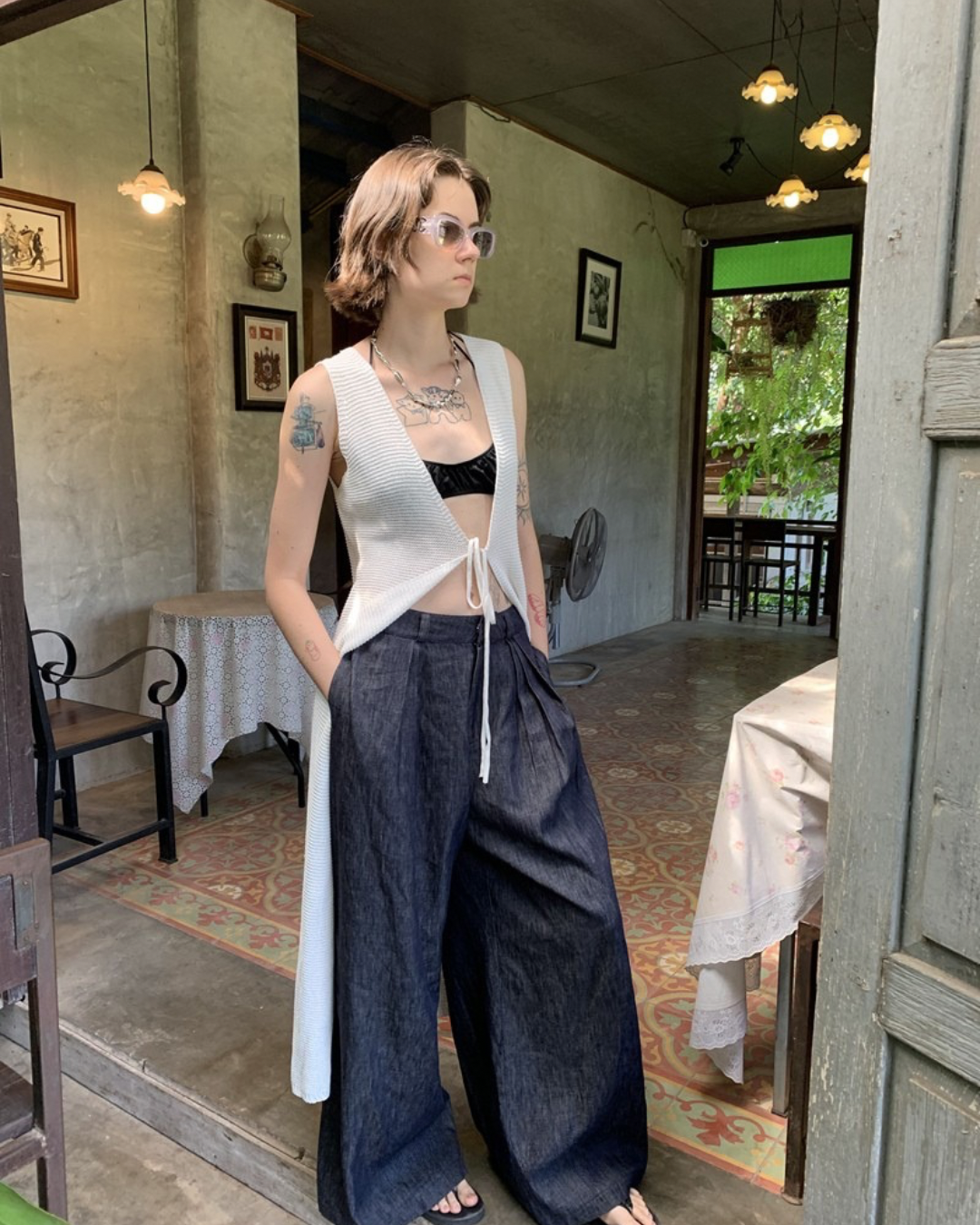 Lace-Up Sleeve Knit Vest Cardigan