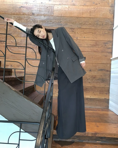 Double-Breasted Blazer and Strapless Skirt