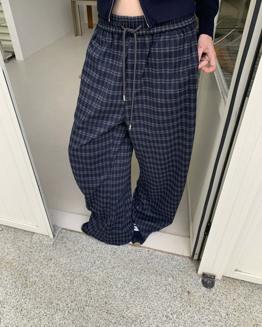 Checked Drawstring Wide-Leg Pants