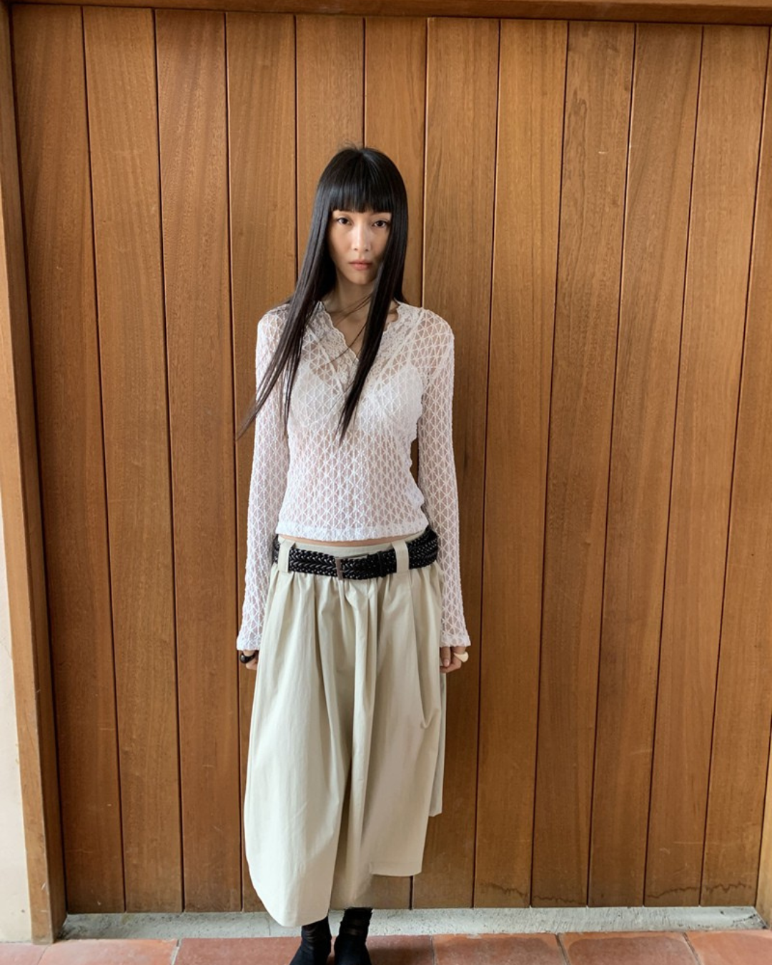 Sheer V-Neck Long Sleeve Top