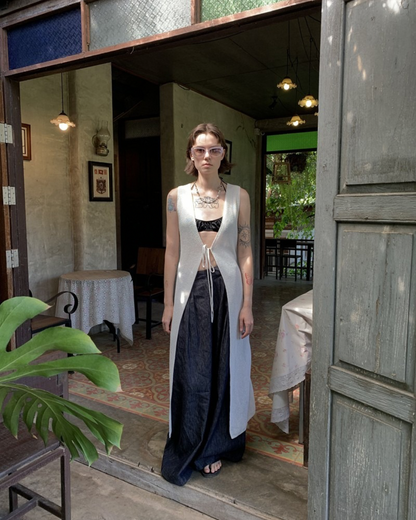 Lace-Up Sleeve Knit Vest Cardigan