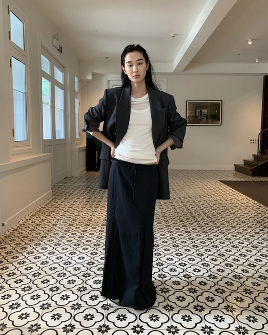Double-Breasted Blazer and Strapless Skirt