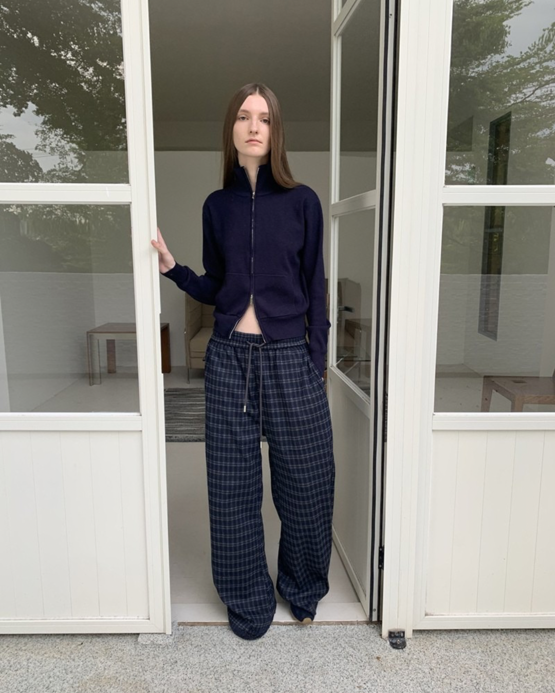 Checked Drawstring Wide-Leg Pants