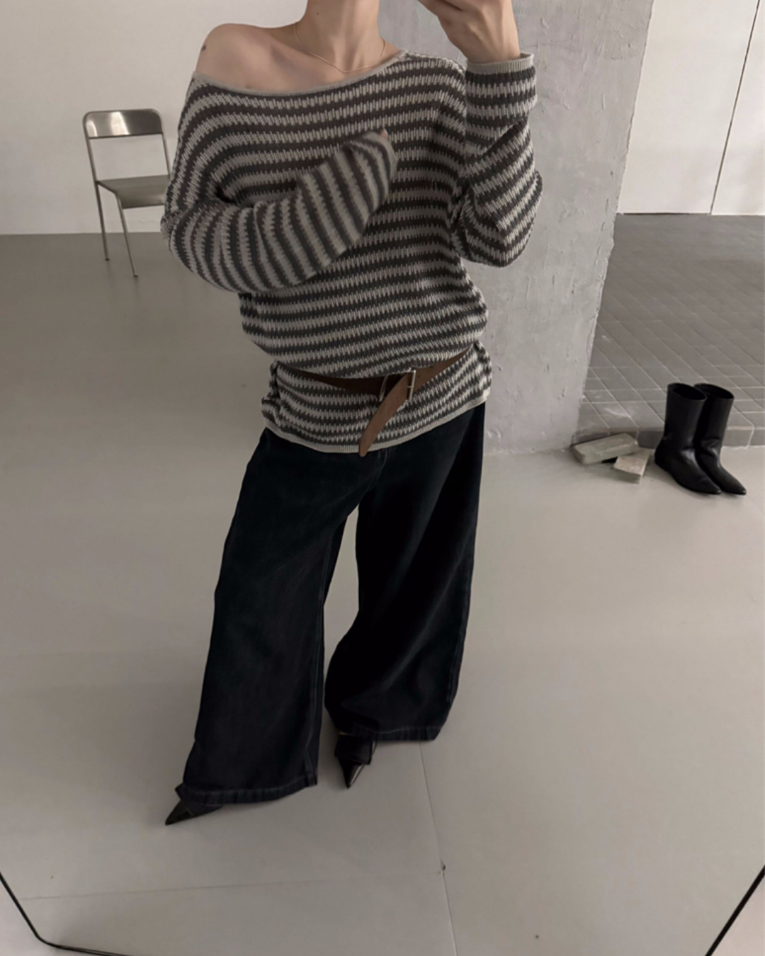 Belted Off-Shoulder Lamb Wool Sweater