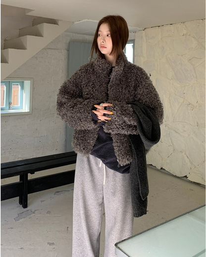 Warm Gray Faux Fur Coat