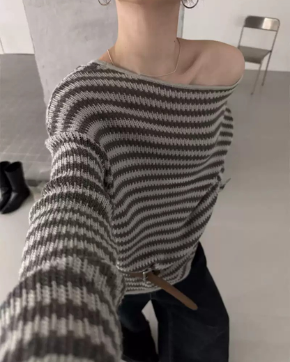 Belted Off-Shoulder Lamb Wool Sweater