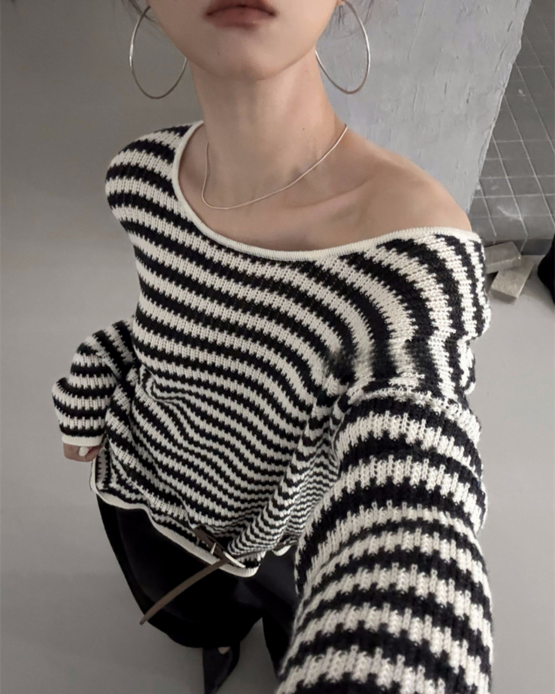 Belted Off-Shoulder Lamb Wool Sweater