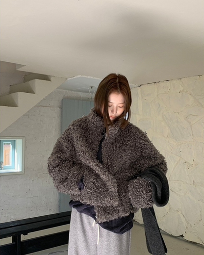 Warm Gray Faux Fur Coat