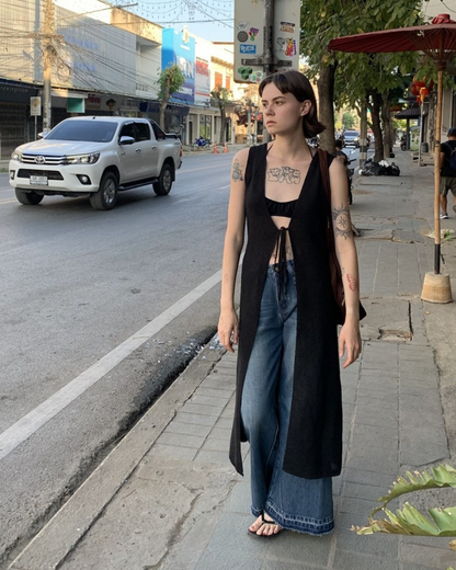 Lace-Up Sleeve Knit Vest Cardigan