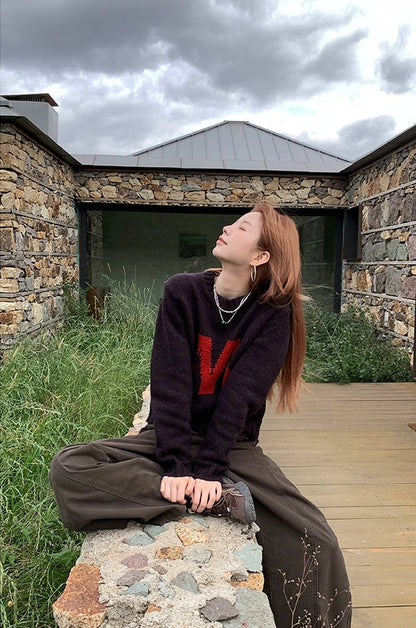 Round Neck Lazy Knit Sweater　